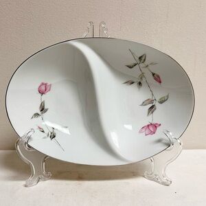 Vintage Pink Rose Floral Oval Divided Porcelain Serving Bowl-Japan